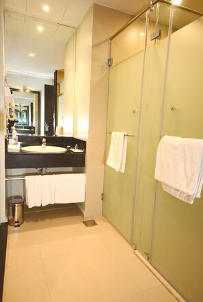 Eco-friendly toiletries, hair dryer, bathrobes, slippers