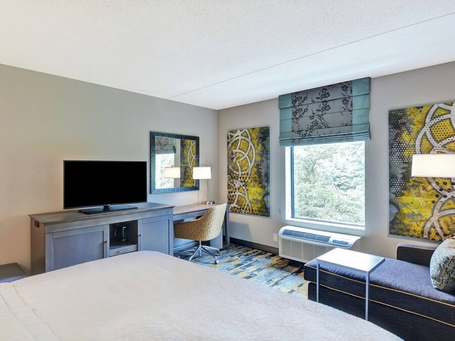 A hotel room with a bed, desk, chair, television, artwork, and a window.