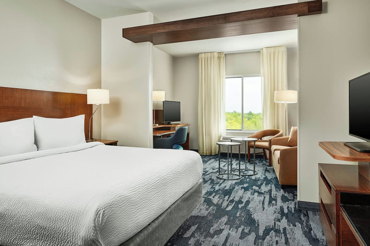 A hotel room with a large bed, a desk with a TV, a chair, and a view of greenery outside.