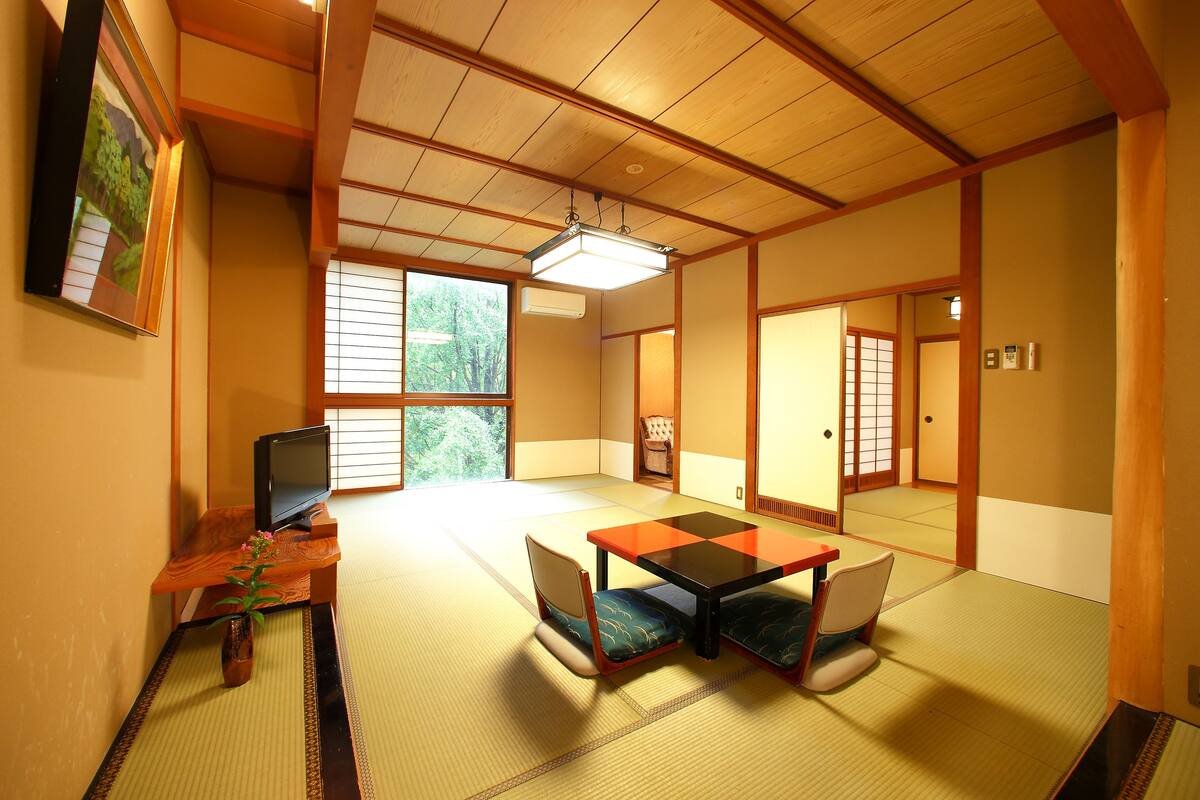A tatami mat room with a low table, chairs, a TV, and a window with a view of trees.
