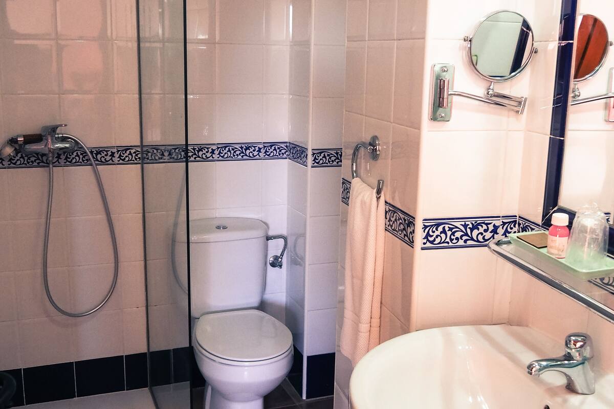 hair dryer, towels, shampoo