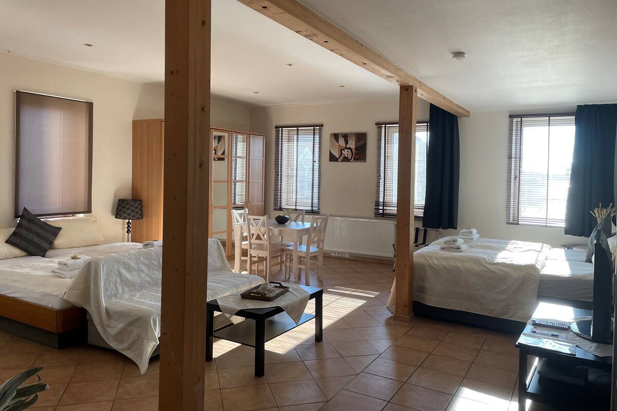 A hotel room with two beds, a dining table, and a TV.