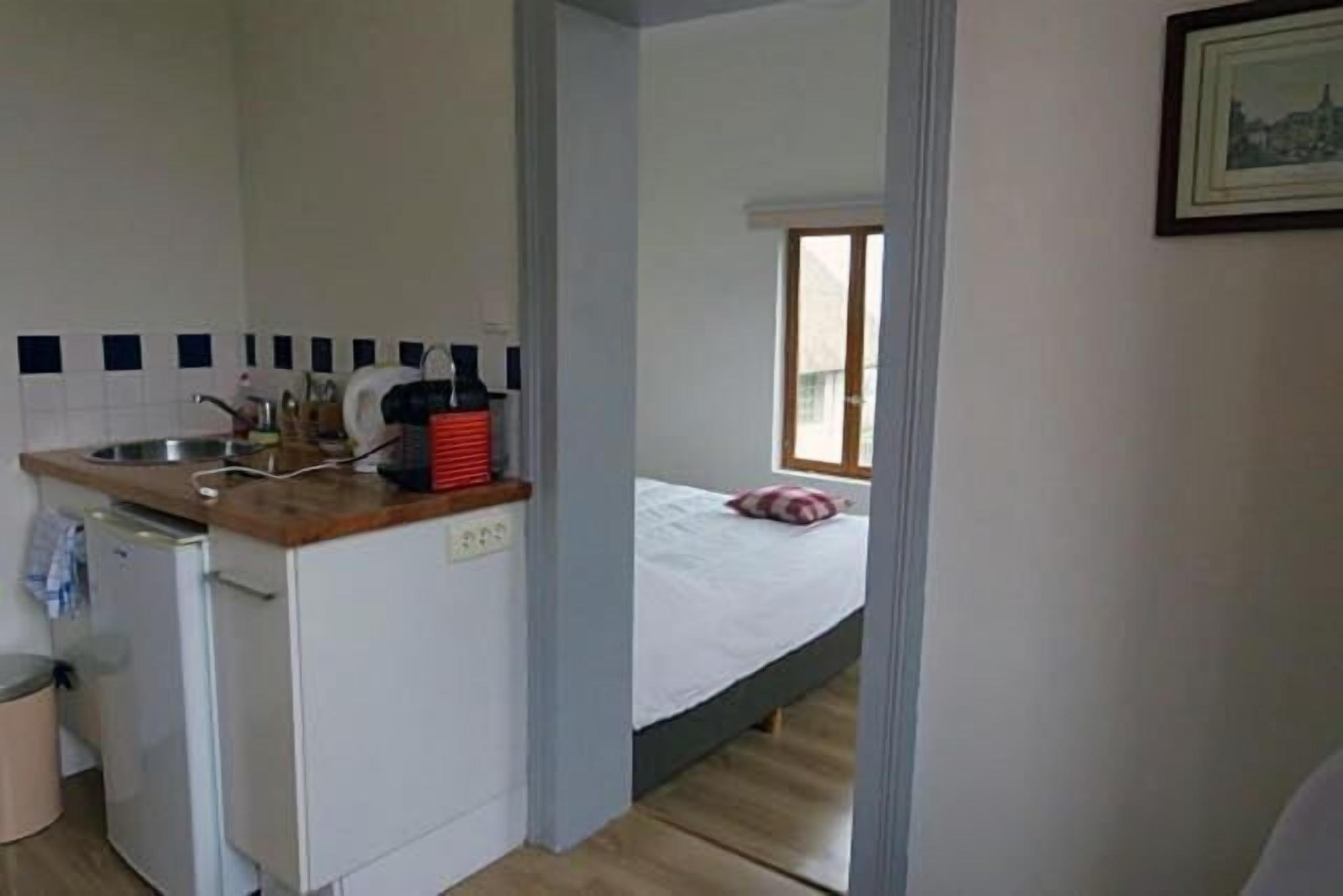 A compact kitchen with a sink, a small refrigerator, and a window with a view.