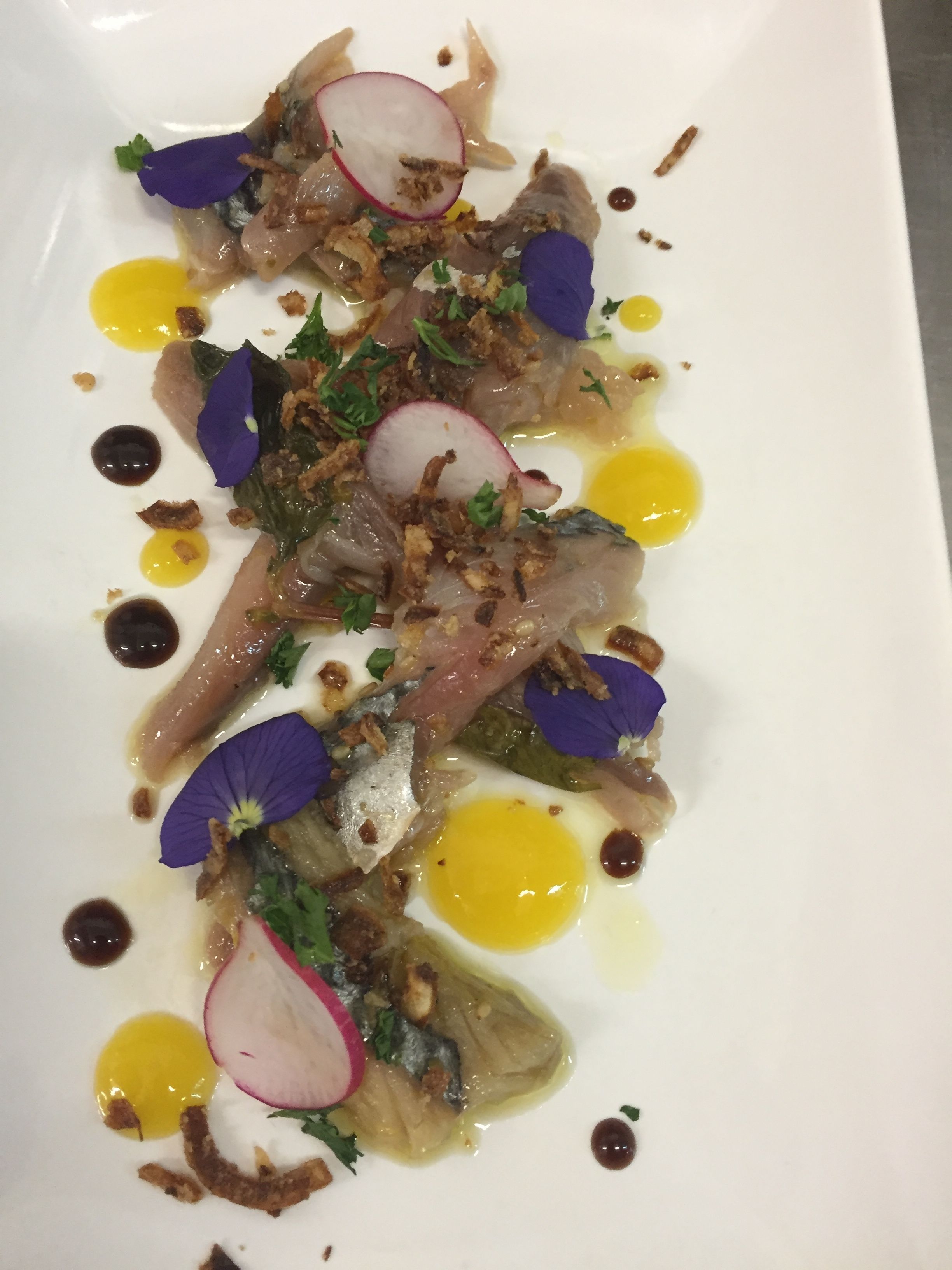 A white plate with a dish consisting of fish, radish slices, and garnishes.