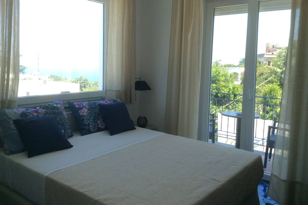 A bedroom with a bed, two windows, a lamp, and a balcony.