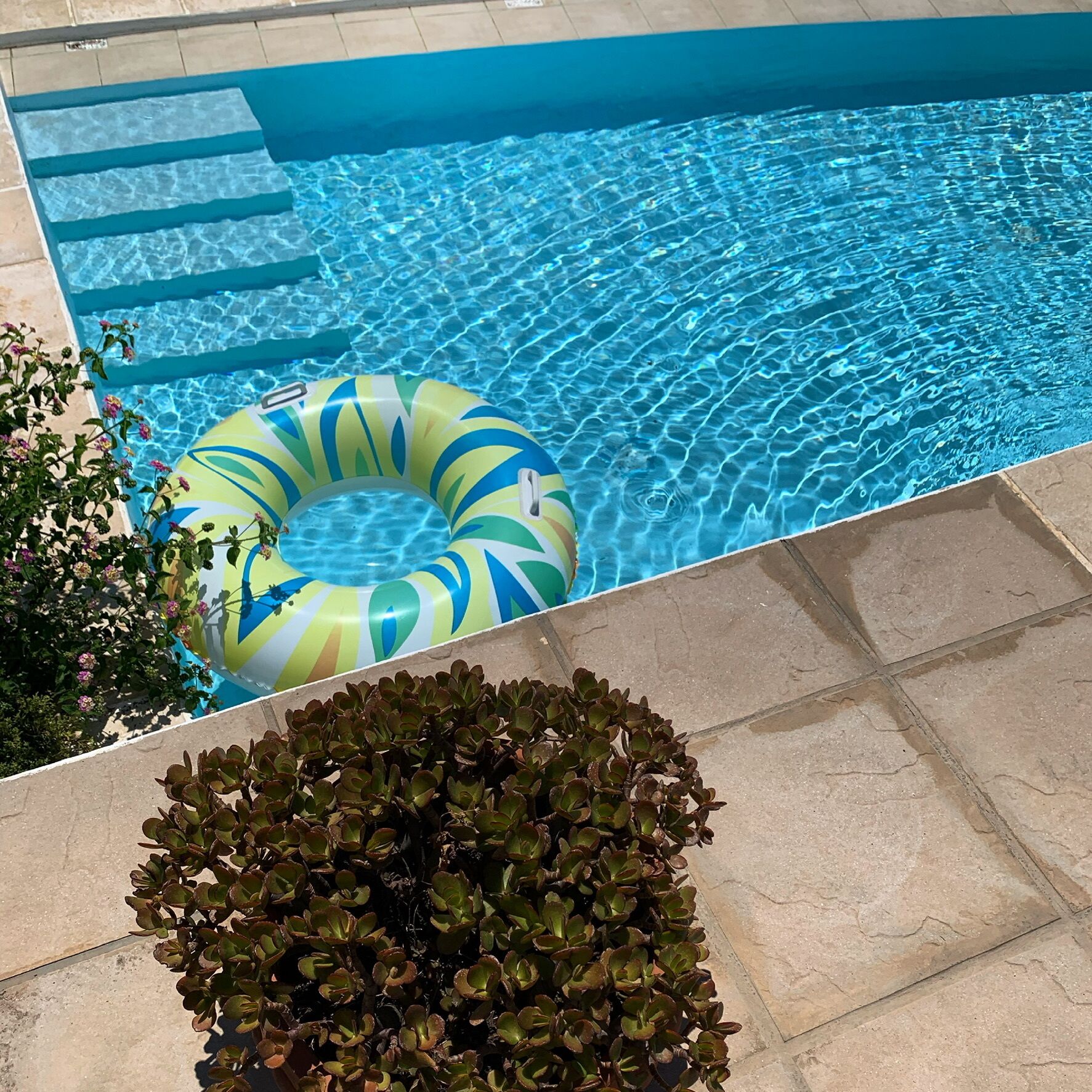 Una piscina con agua azul cristalina y un flotador inflable de colores.