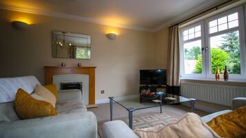 A living room with a fireplace, a television, and a window with curtains.