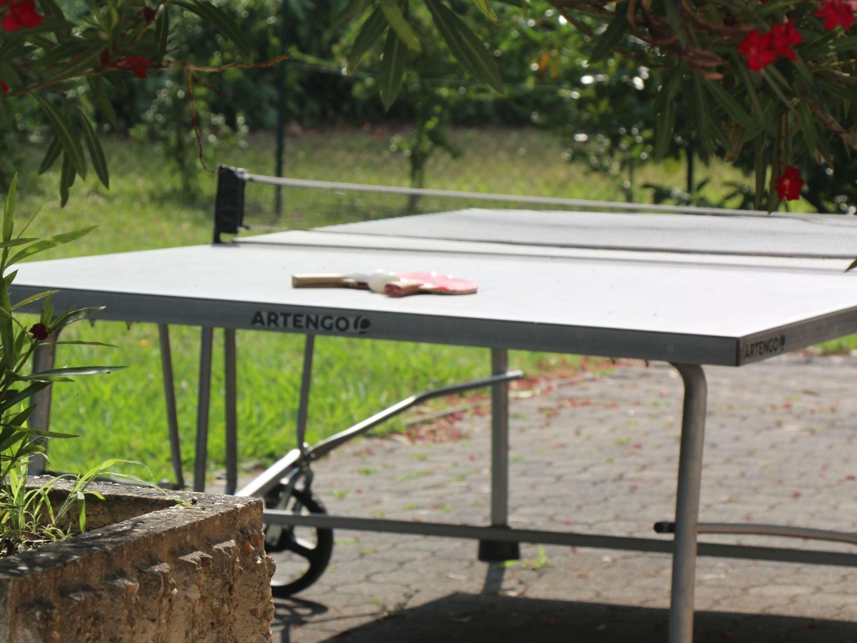 An outdoor ping pong table with ARTENGO branding, surrounded by greenery and a paved area.