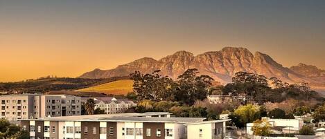 A residential area with apartment buildings, a mountain in the background, and a clear sky.