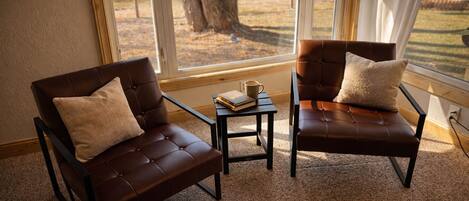 A room with two leather armchairs, a small table with books and a cup, and a large window with a view of trees and grass.
