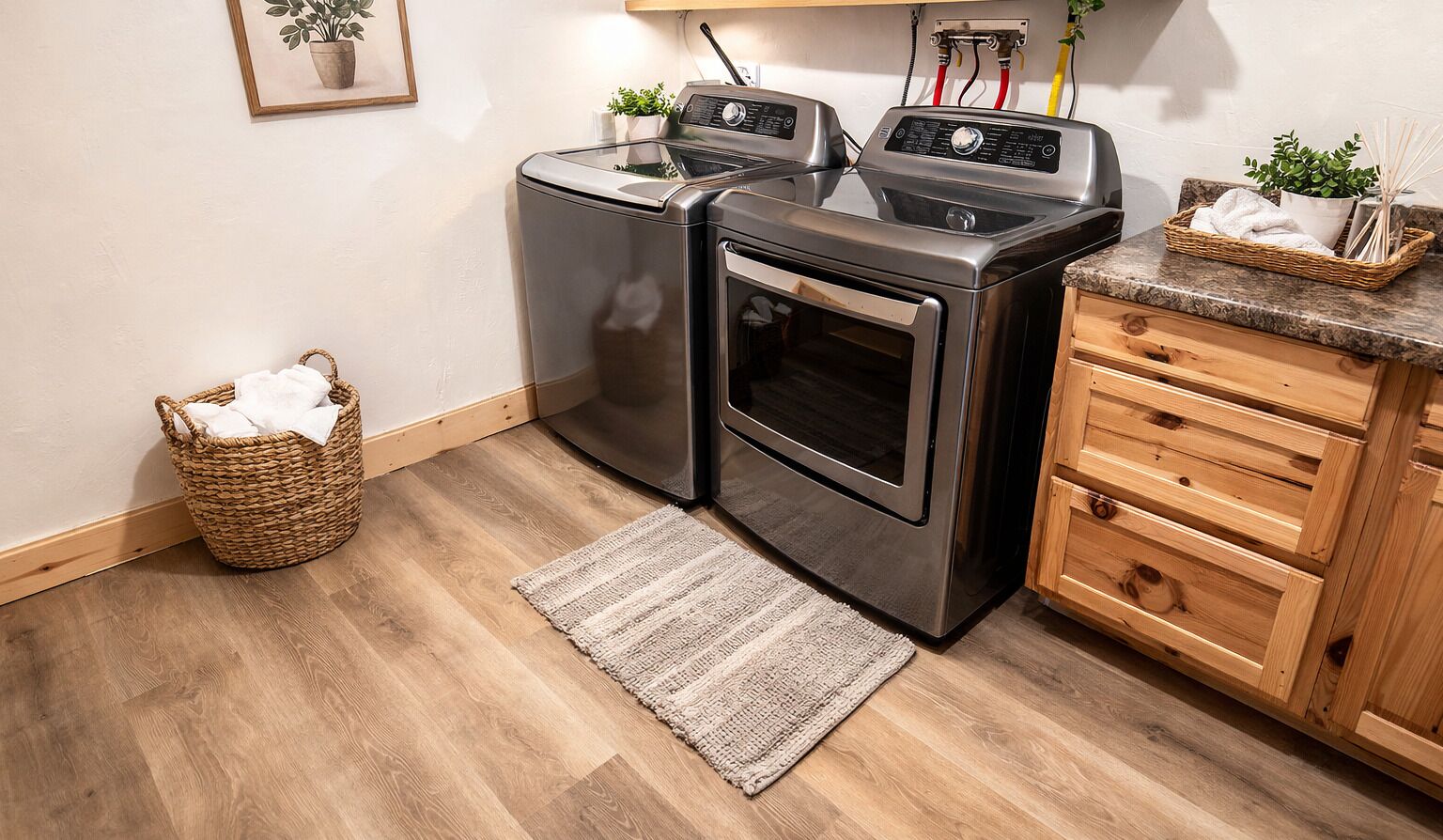 A laundry area with two washing machines, a wooden cabinet, a wicker basket, and a small rug.