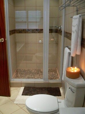 Separate bathtub and shower, towels