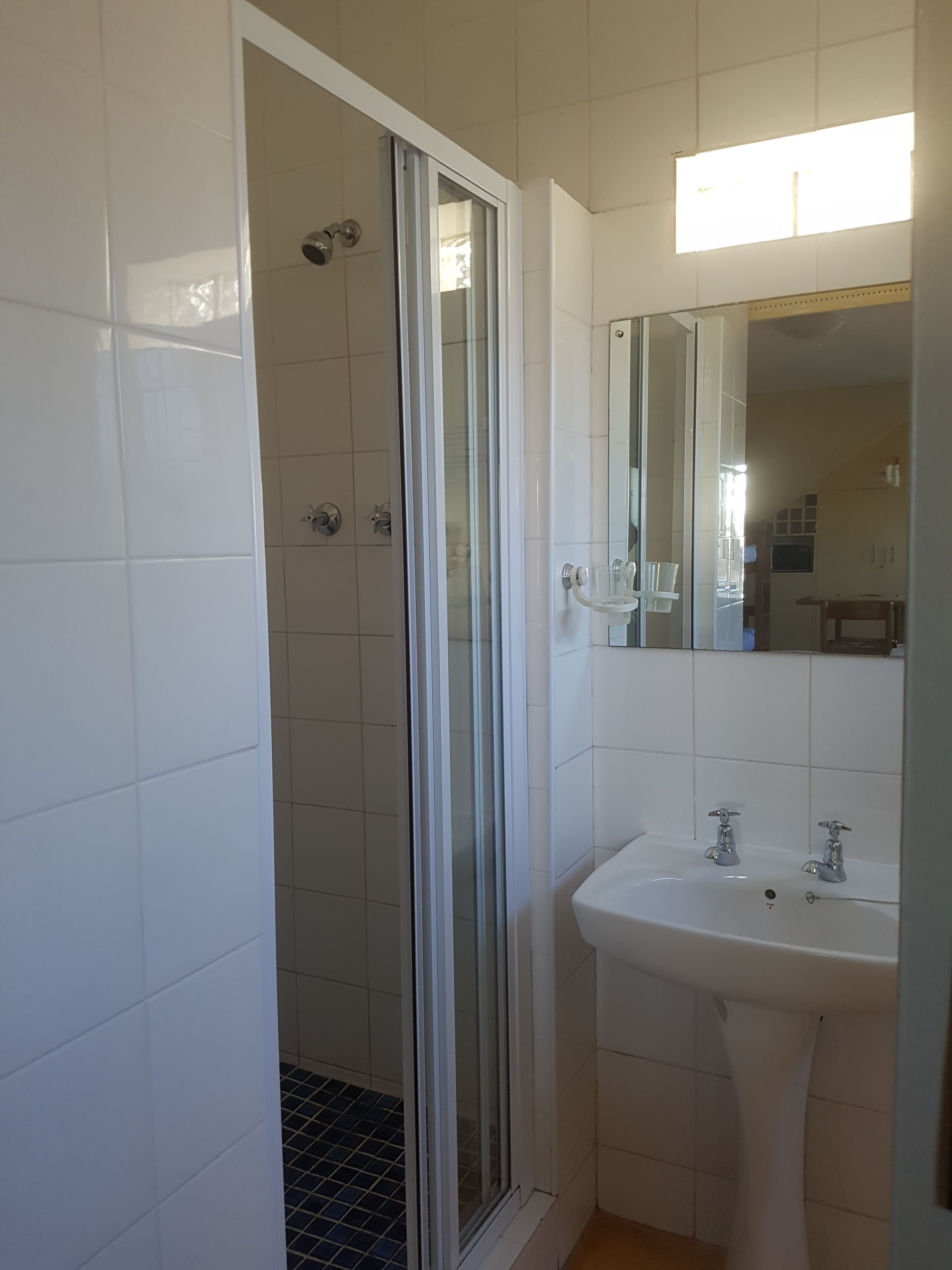 Une salle de bain avec une douche, un lavabo et un miroir.