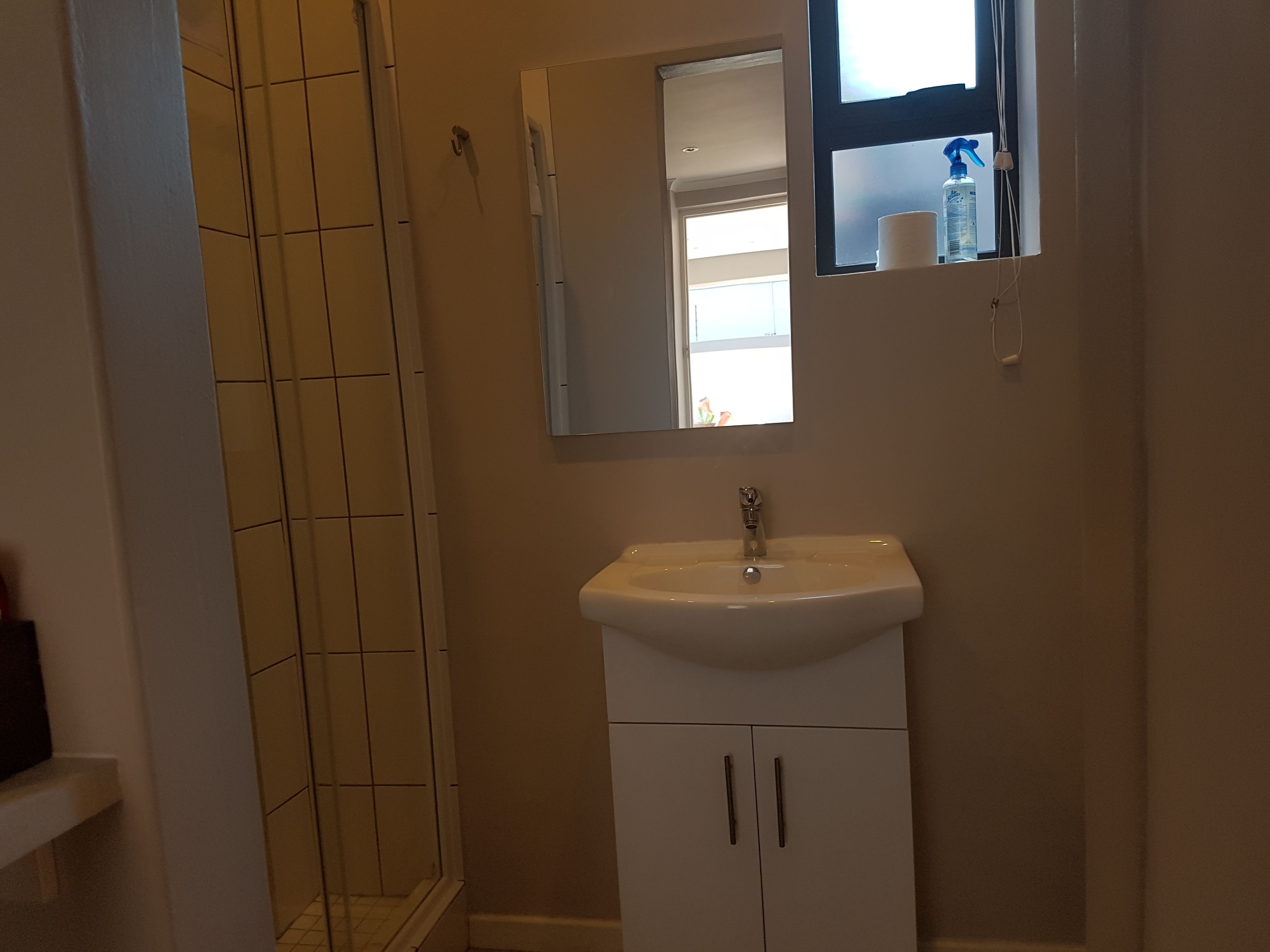 Een badkamer met een wit wastafel, een spiegel erboven en een douchegedeelte met betegelde wanden.