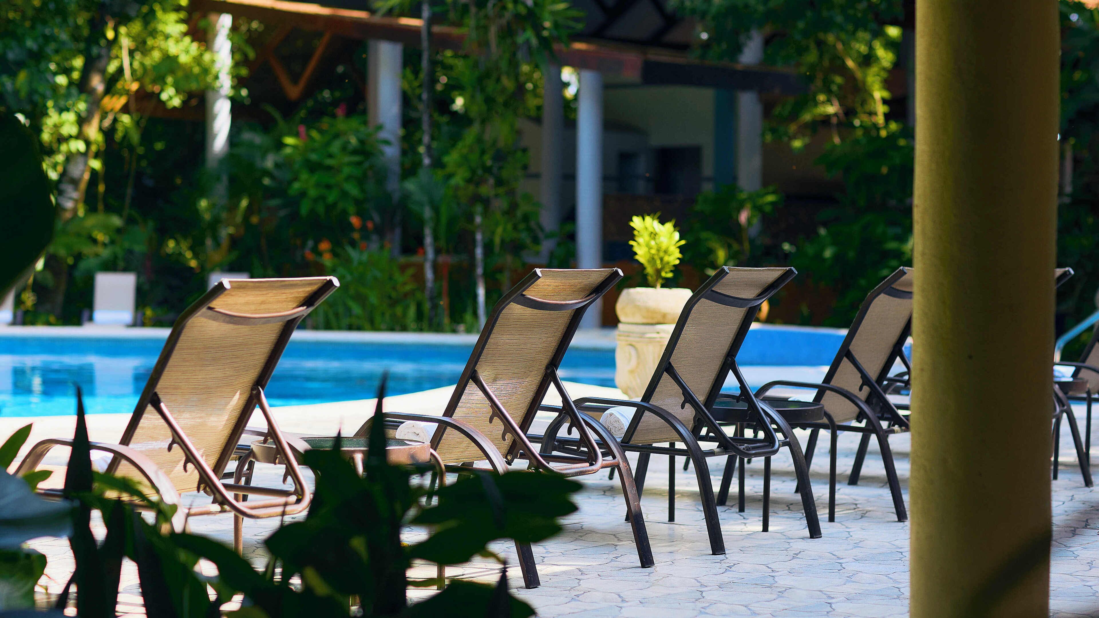 Un área junto a la piscina con sillones de descanso y una alberca.