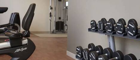 A gym with a stationary bike, a weight bench, and a rack of dumbbells.