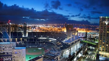 A large stadium with multiple levels of seating, a baseball field, and a bridge in the background.