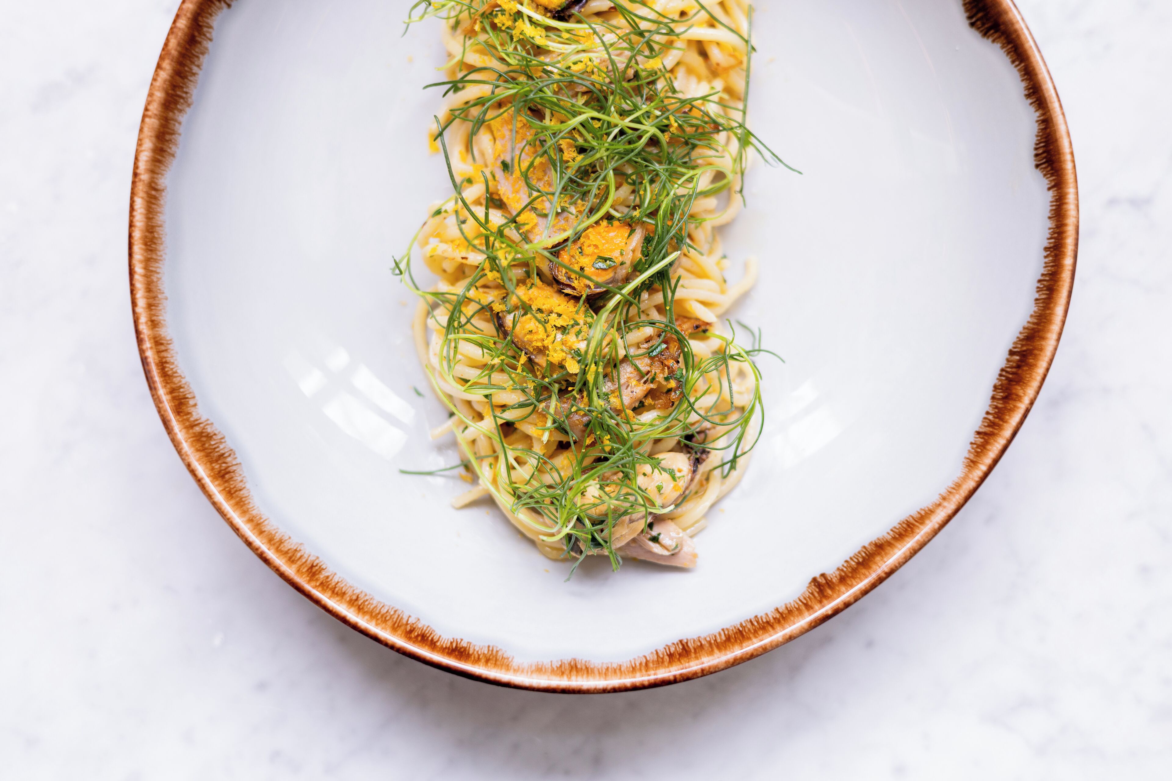 A plate of pasta with a creamy sauce and garnished with herbs.