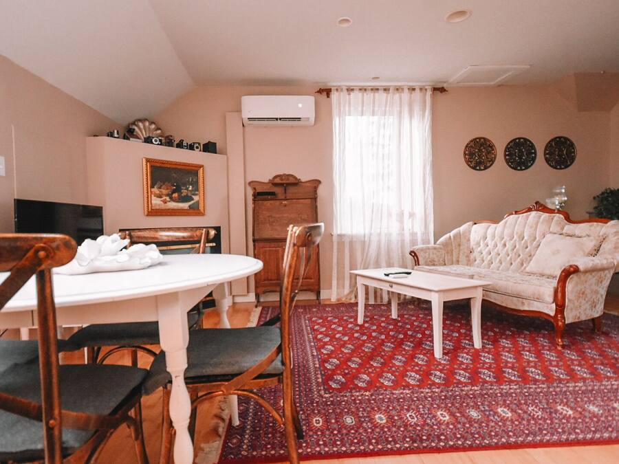 Una sala de estar con una mesa de comedor, sillas, un sofá y una alfombra estampada.