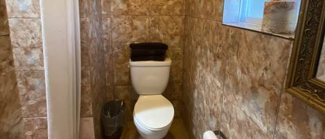 A bathroom with a toilet, a trash bin, and a toilet paper holder.