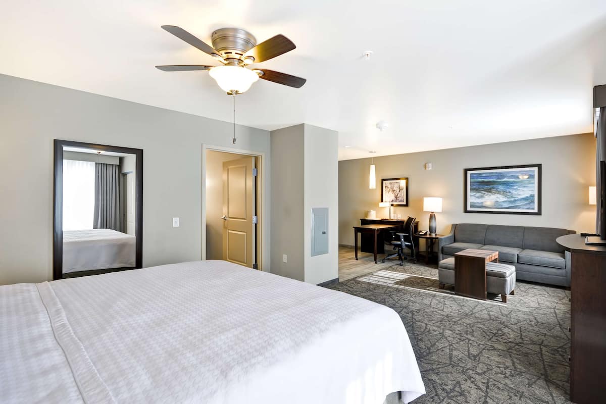 A hotel room with a bed, a desk, a sofa, and a ceiling fan.