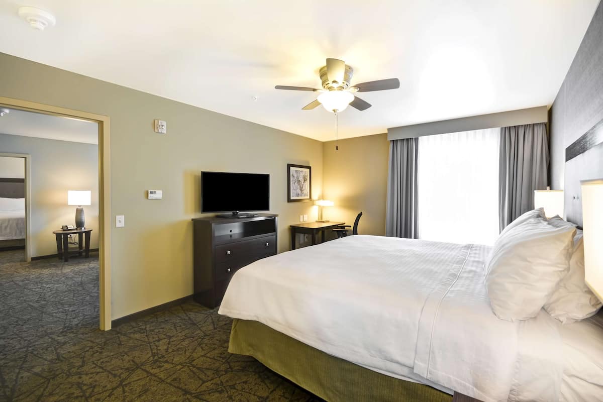 A hotel room with a bed, a television, a desk, a chair, a ceiling fan, and a window with curtains.