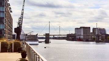 A riverside walkway with a view of a bridge and buildings.