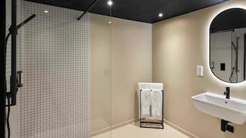 A modern bathroom with a glass shower enclosure, a white sink, and a mirror.