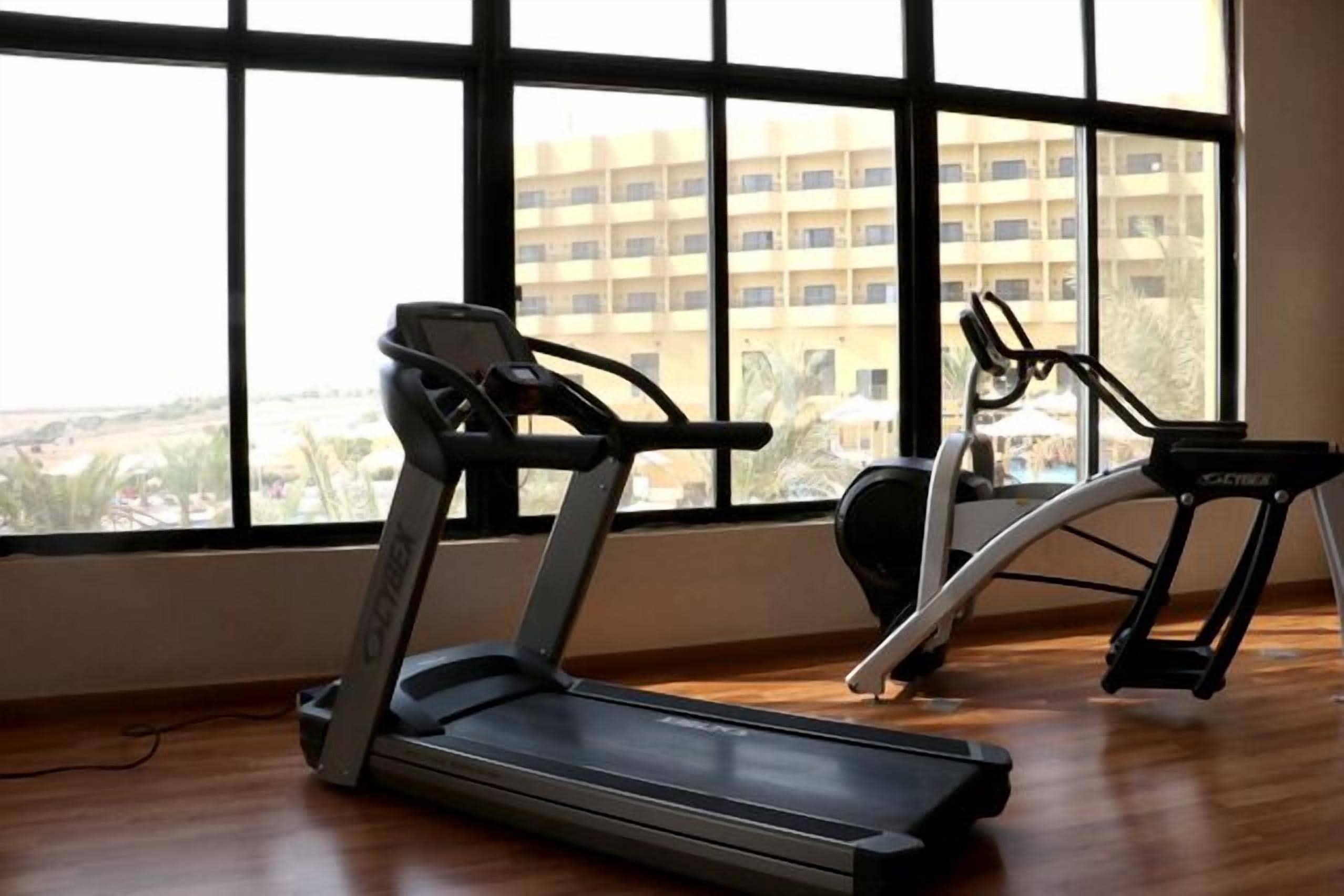 A gym with treadmills and a stationary bike, large windows with a view of a building and trees.