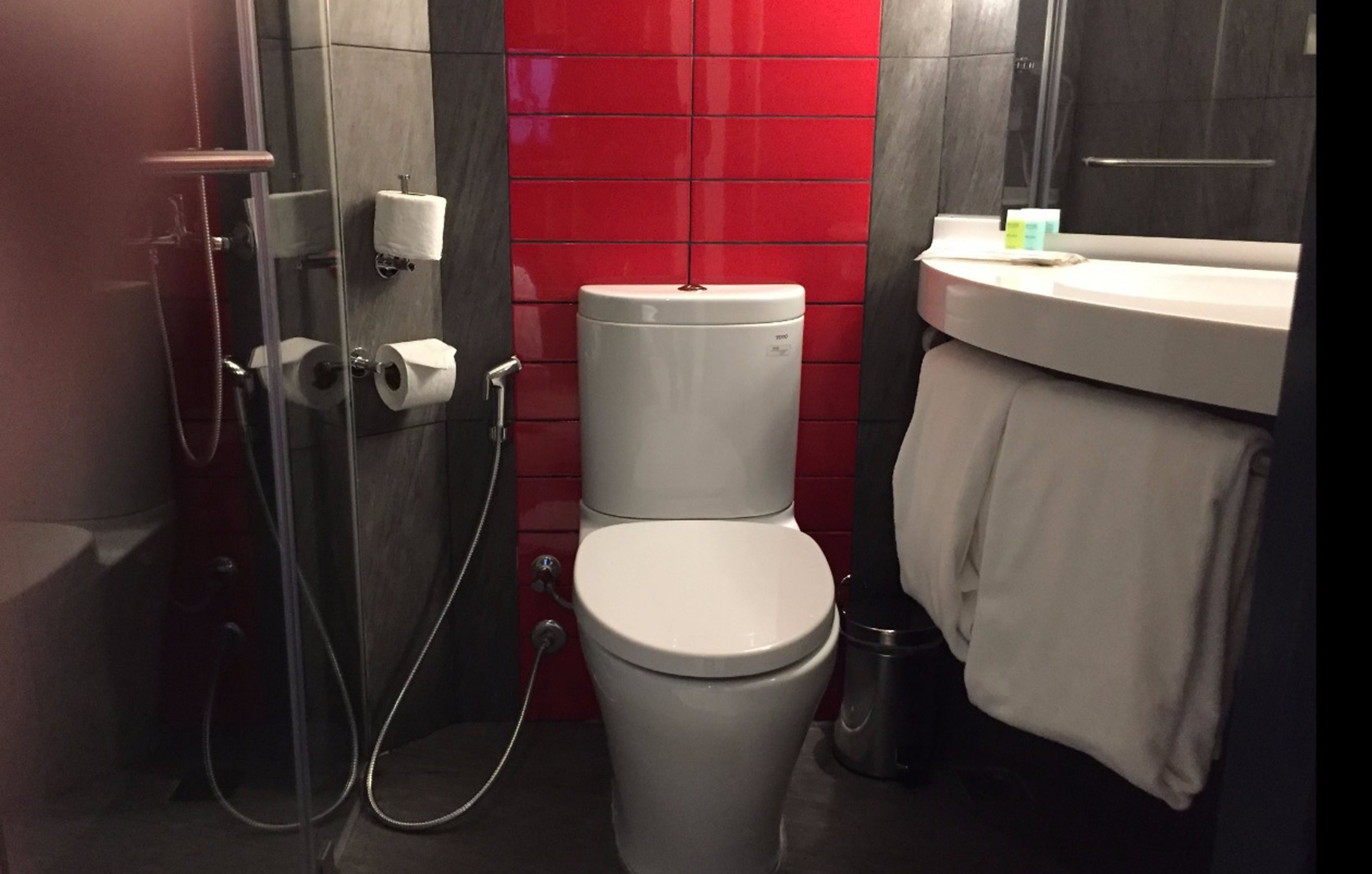 eco-friendly toiletries, hair dryer, slippers, towels