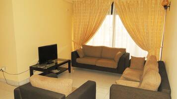 40-inch flat-screen TV with satellite channels, LED TV, DVD player