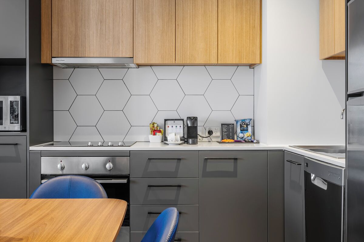 A modern kitchen with grey cabinets, a stainless steel stove, and a dishwasher.