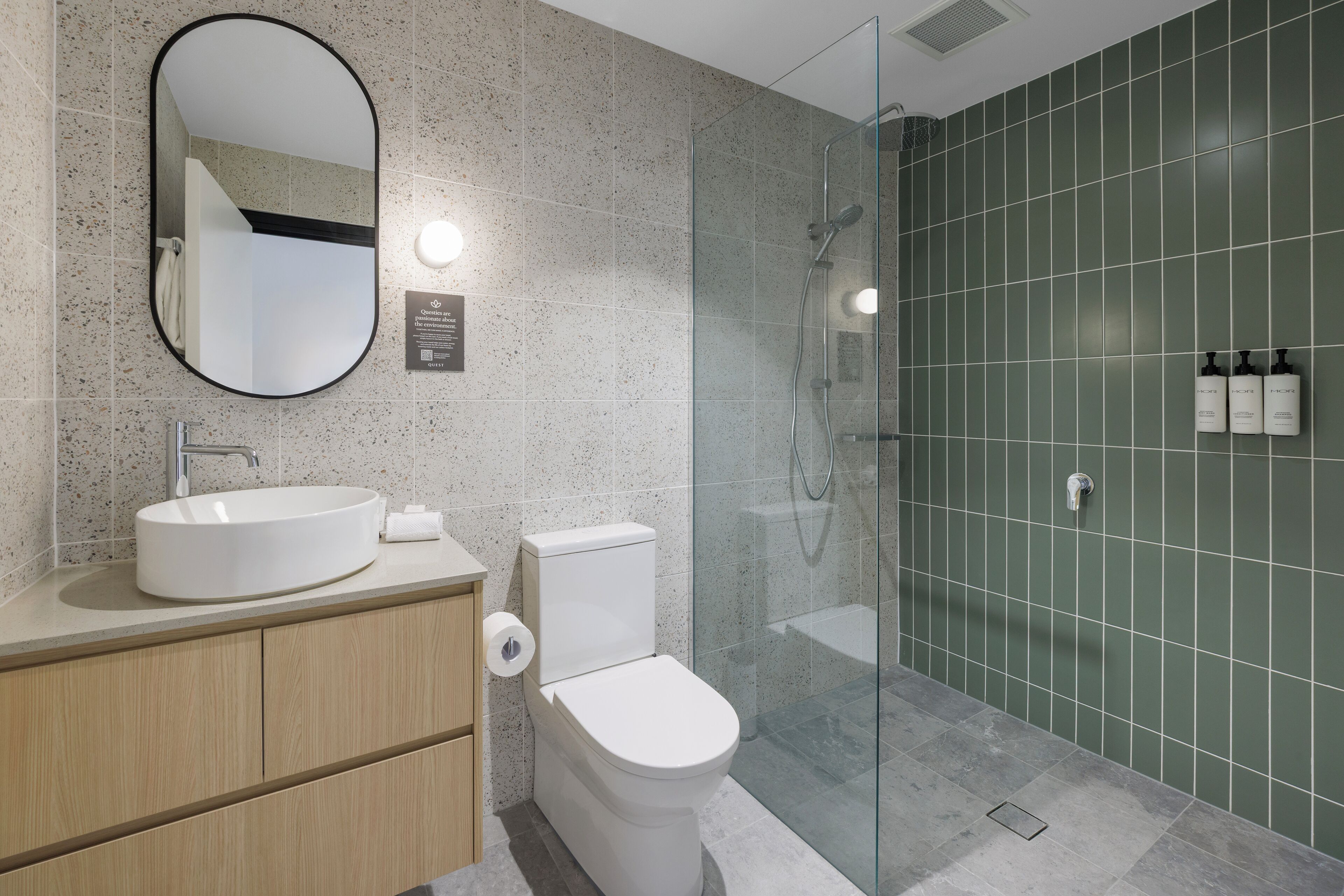 Shower, free toiletries, hair dryer, towels