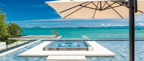 Outdoor pool, pool umbrellas, sun loungers