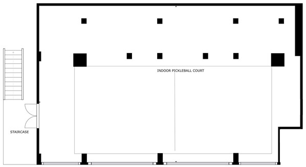 A floor plan of a building with a staircase on the left and an indoor pickleball court in the center. - Villa Leelawadee (Pa Klok)
