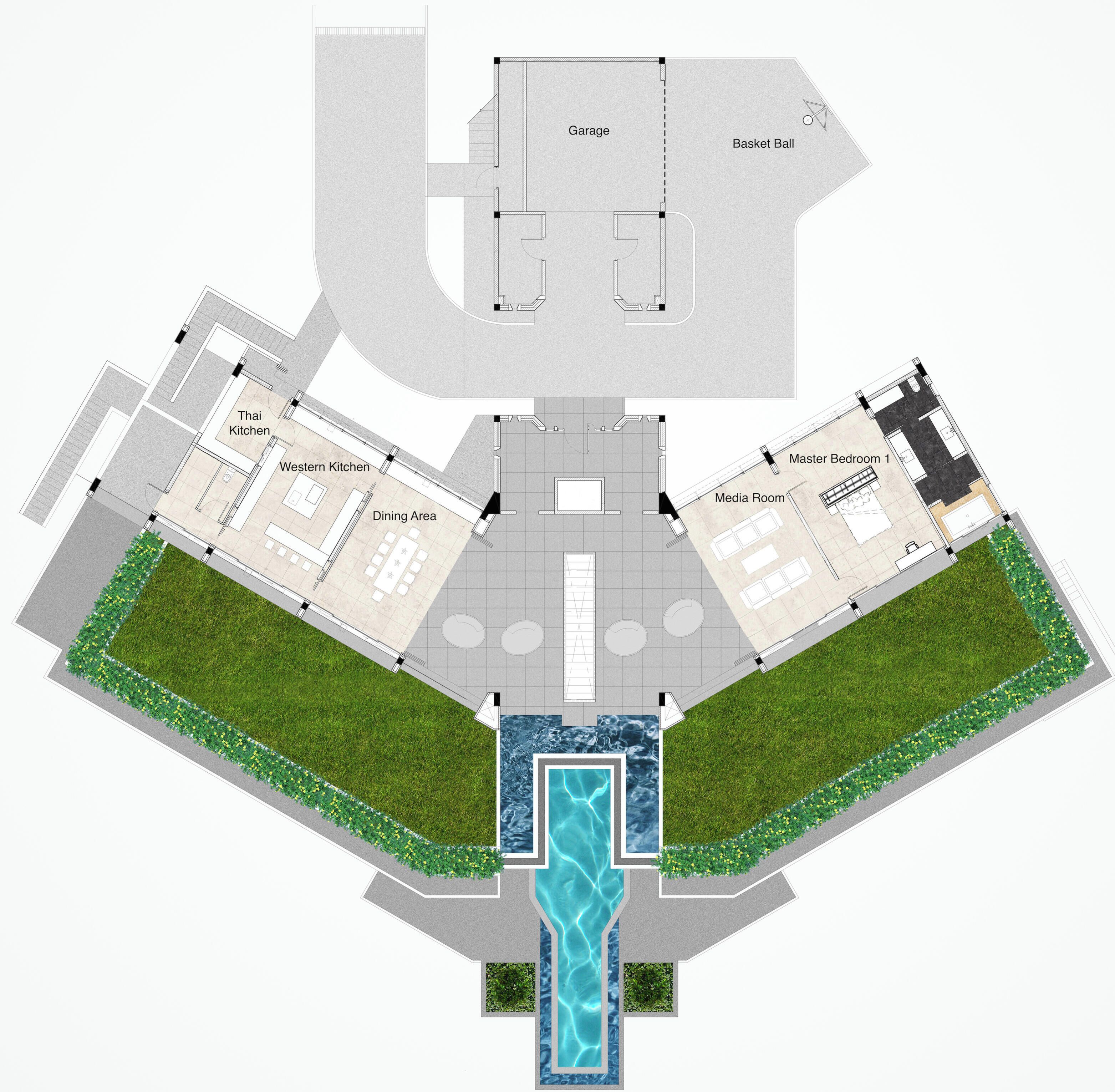 Piantina con garage, campo da basket, cucina tailandese, cucina occidentale, sala da pranzo, sala multimediale, camera da letto principale e piscina.