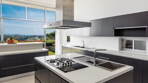 Una cocina moderna con estufa a gas, pileta de acero inoxidable y vistas a un paisaje exuberante a través de amplias ventanas.