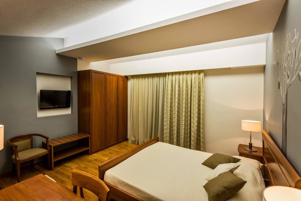 A hotel room with a bed, a desk, a chair, a wardrobe, a television, and a lamp.