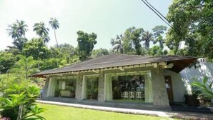 Uma casa térrea com telhado de cerâmica, cercada por vegetação exuberante e palmeiras.