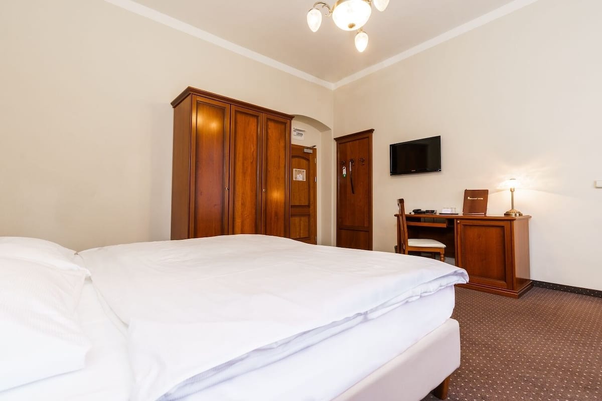 Habitación básica con 1 cama matrimonial o 2 individuales | Caja de seguridad en la habitación y escritorio