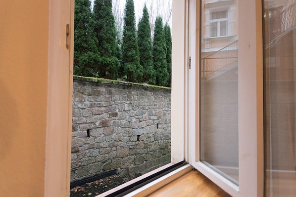 A view through a glass door into a room with a stone wall and a wooden floor. - Hotel Anglický Dvůr (Karlovy Vary)