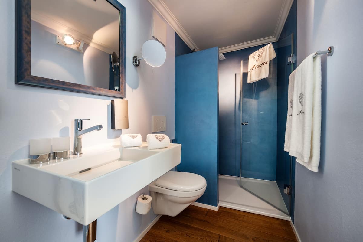 superior double room, balcony | bathroom | shower, hair dryer, towels