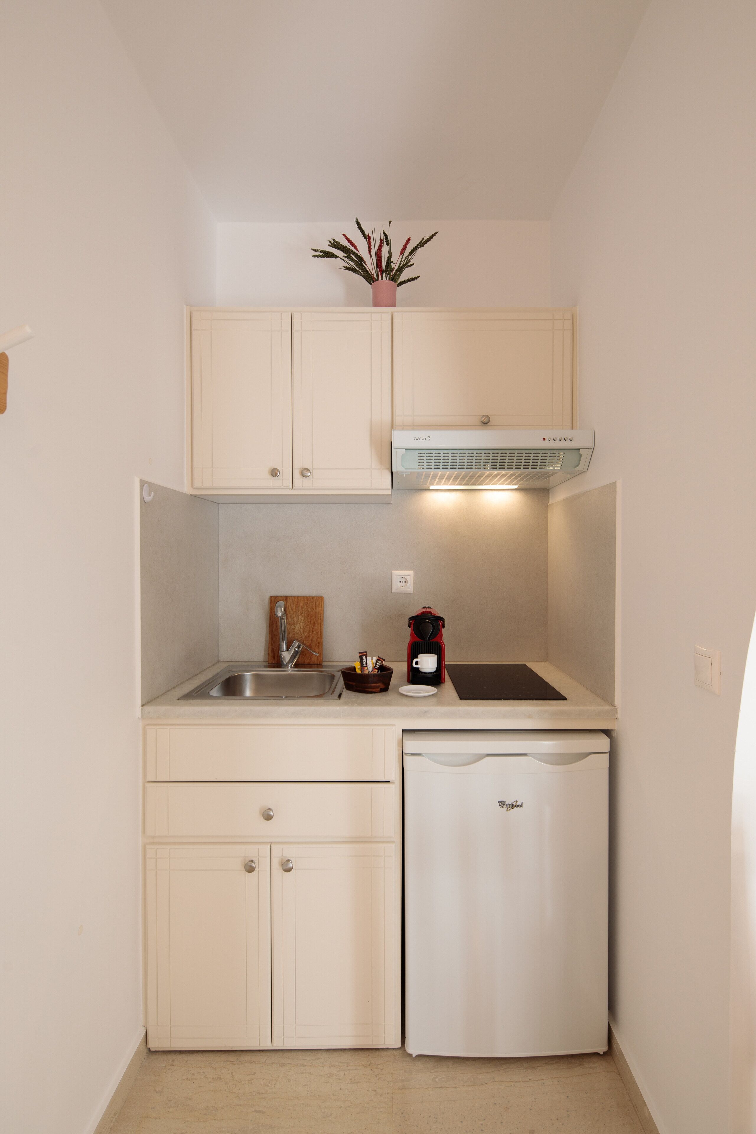 Una cocina compacta con lavavajillas integrado, cafetera y un lavamanos pequeño.