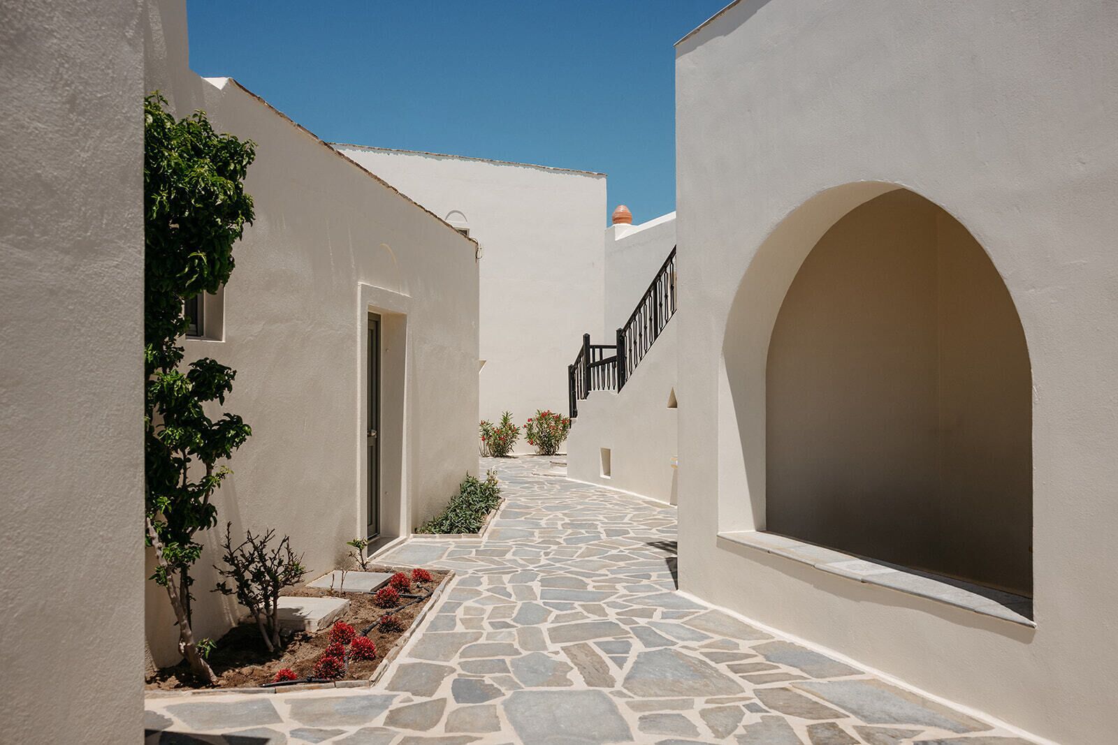A narrow stone-paved alleyway between white buildings with arched doorways and a small garden area with red flowers.