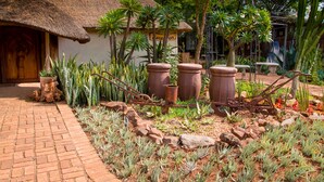 A rustic building with a thatched roof, surrounded by a garden with cacti and succulents. - Destiny Inn Lodge (Polokwane)