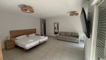Un dormitorio con una cama doble, un sofá, un televisor y un ventilador de techo.