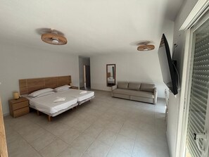 Une chambre à coucher avec un lit double, un canapé, une télévision et un ventilateur de plafond.