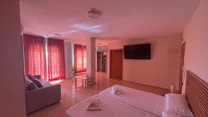 A hotel room with a bed, a sofa, a television, and a desk.