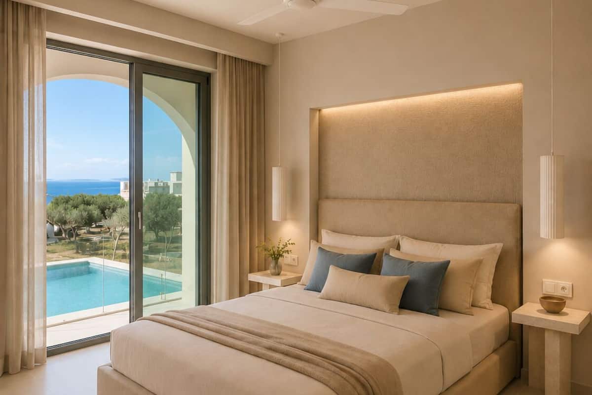 A modern bedroom with a large bed, a ceiling fan, a nightstand, and a view of a pool.