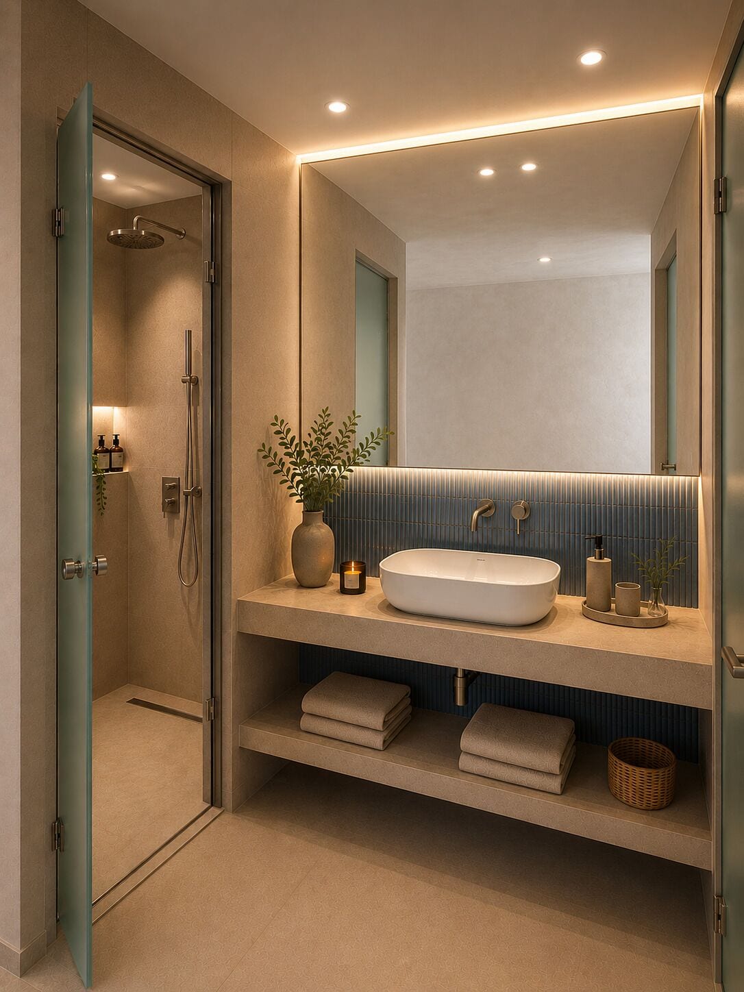 Un baño moderno con ducha a ras de suelo, un espejo grande y un lavabo blanco.